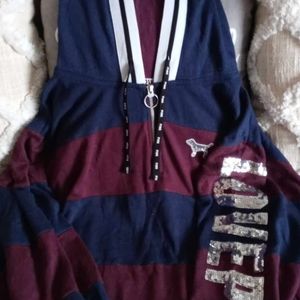 Very rare blue and maroon striped bling dog hoodie Victoria's Secret Pink